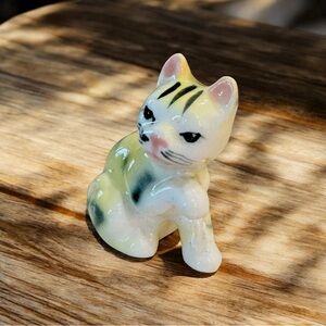 Vintage 1950's Yellow & Green Striped Kitten Figurine ~ Made in Japan